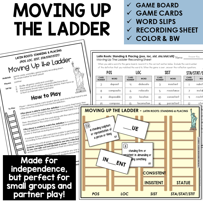 Moving Up the Ladder board game for Latin roots POS, LOC, SIST, STA/STAT/STIT