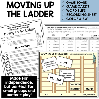 Moving Up the Ladder board game for Latin roots POS, LOC, SIST, STA/STAT/STIT