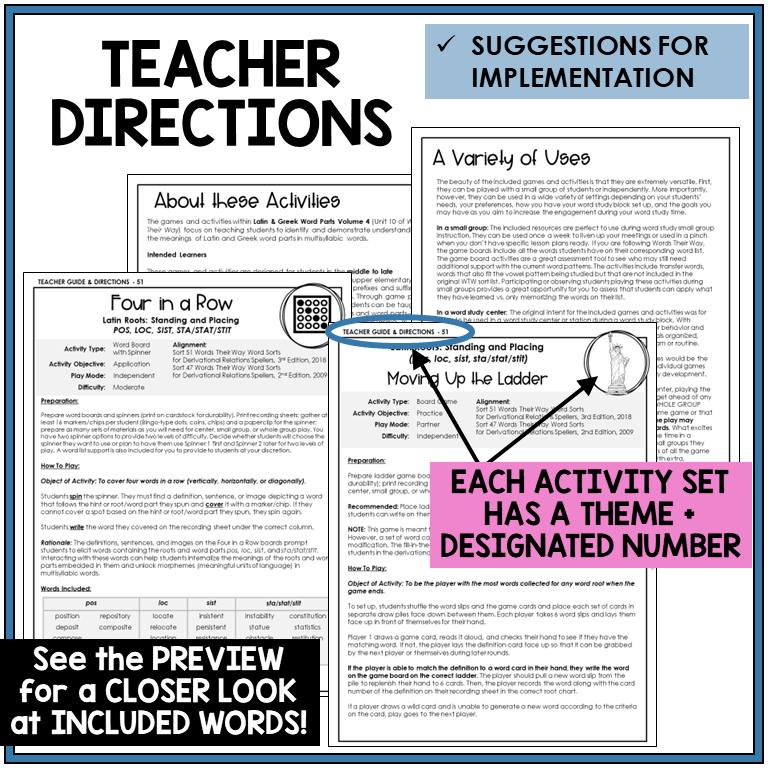 Teacher directions for Latin roots POS, LOC, SIST, STA/STAT/STIT games