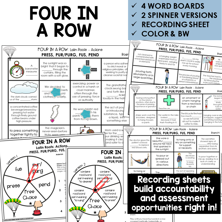 Four in a Row word board activity for Latin roots PRESS, PUR/PURG, FUS, PEND