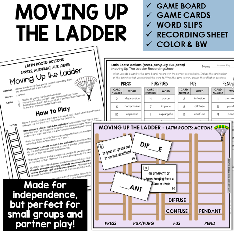 Moving Up the Ladder board game for Latin roots PRESS, PUR/PURG, FUS, PEND
