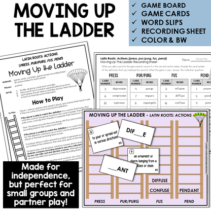 Moving Up the Ladder board game for Latin roots PRESS, PUR/PURG, FUS, PEND