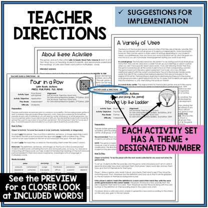 Teacher directions for Latin roots PRESS, PUR/PURG, FUS, PEND games