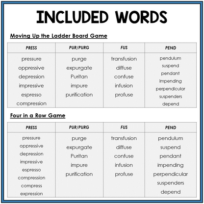 Word list for Latin roots PRESS, PUR/PURG, FUS, PEND, Sort 50