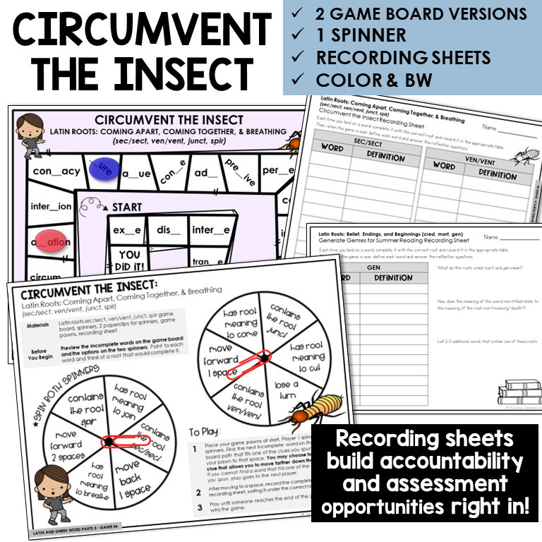 Circumvent the Insect board game for Latin roots SEC/SECT, VEN/VENT, JUNCT, SPIR