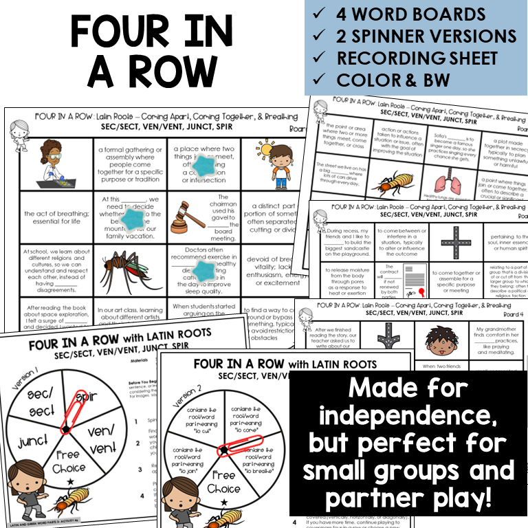 Four in a Row word board activity for Latin roots SEC/SECT, VEN/VENT, JUNCT, SPIR