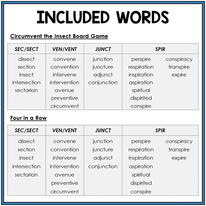 Word list for Latin roots SEC/SECT, VEN/VENT, JUNCT, SPIR, Sort 46