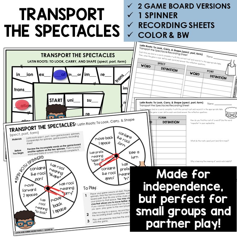 Transport the Spectacles board game for Latin roots SPECT, PORT, FORM