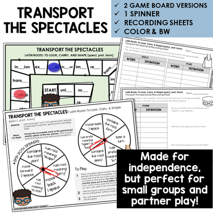 Transport the Spectacles board game for Latin roots SPECT, PORT, FORM