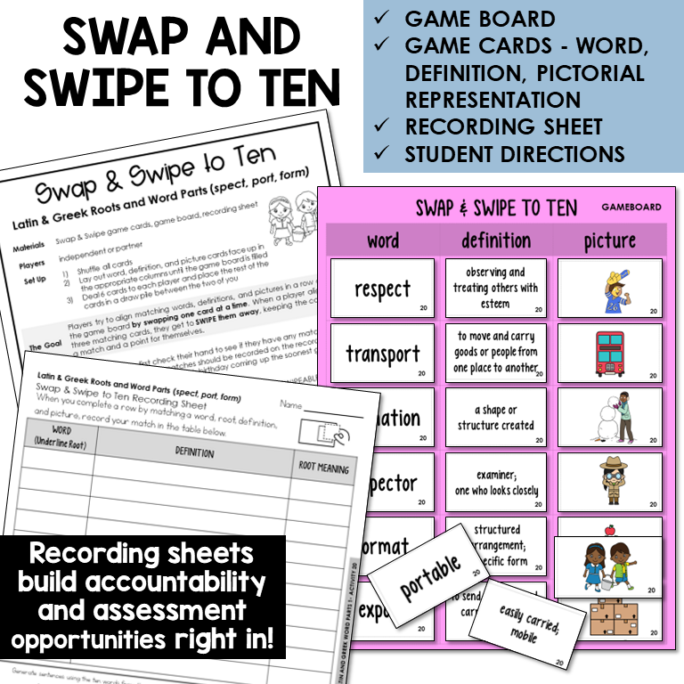 Swipe & Swap to Ten card game for Latin roots SPECT, PORT, FORM