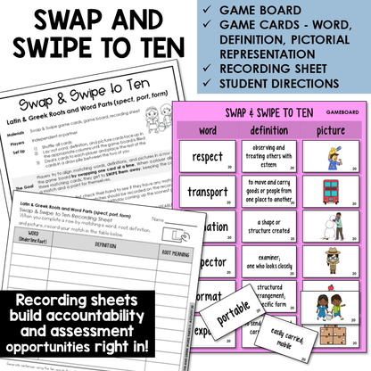 Swipe & Swap to Ten card game for Latin roots SPECT, PORT, FORM