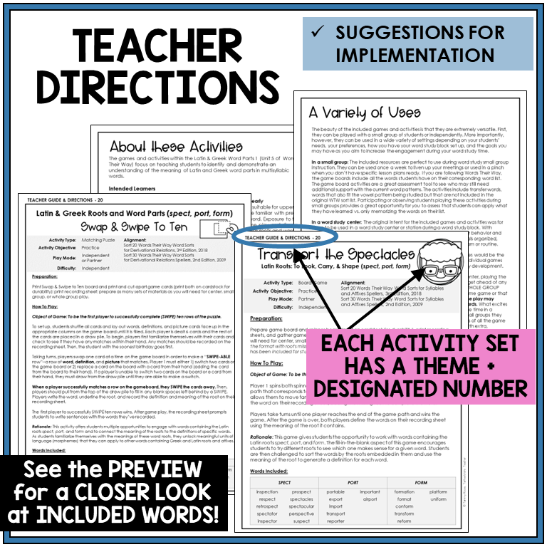 Teacher directions for Latin roots SPECT, PORT, FORM games