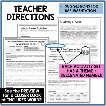 Teacher directions for Latin roots SPECT, PORT, FORM games