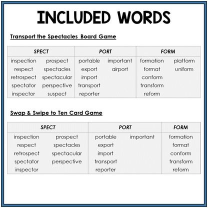 Word list for Latin roots SPECT, PORT, FORM, Sort 20