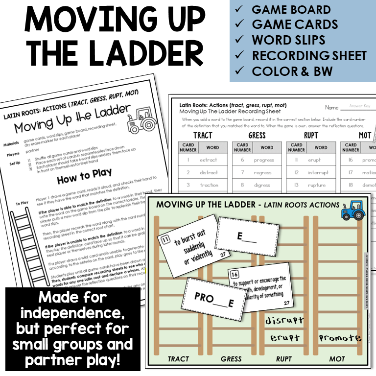 Moving Up the Ladder board game for Latin roots TRACT, GRESS, RUPT, MOT