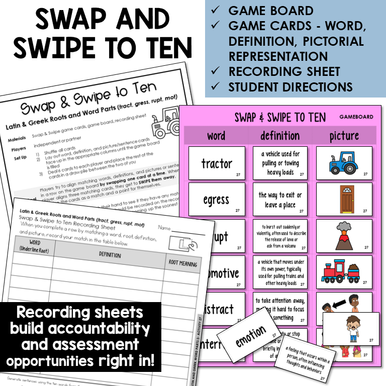 Swipe & Swap to Ten card game for Latin roots TRACT, GRESS, RUPT, MOT