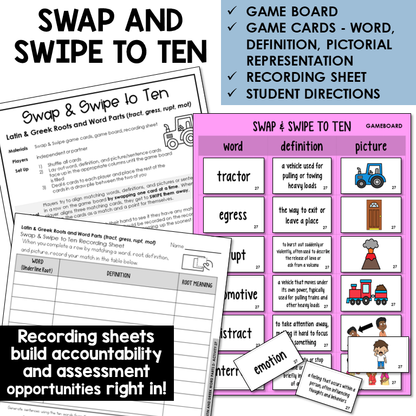 Swipe & Swap to Ten card game for Latin roots TRACT, GRESS, RUPT, MOT