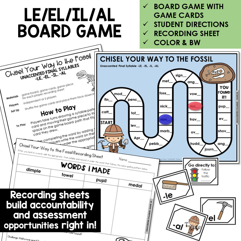 Chisel Your Way To The Fossil Board Game for -LE, -EL, -IL, and -AL endings, with recording sheet