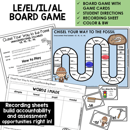 Chisel Your Way To The Fossil Board Game for -LE, -EL, -IL, and -AL endings, with recording sheet