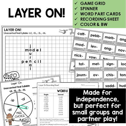 Layer On! word building activity for -LE, -EL, -IL, and -AL endings