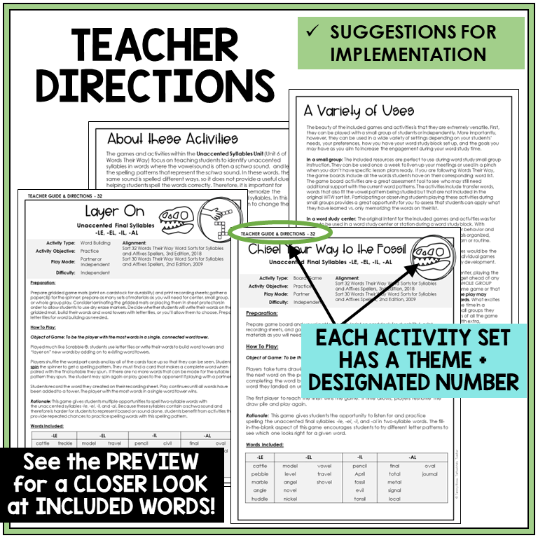 Teacher directions for -LE, -EL, -IL, and -AL endings games