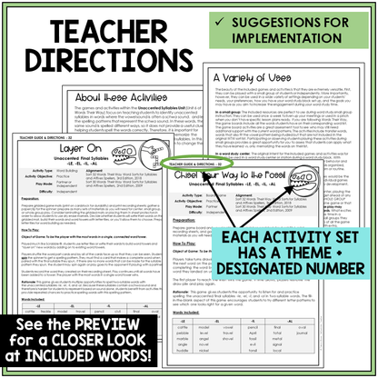 Teacher directions for -LE, -EL, -IL, and -AL endings games