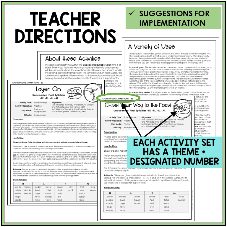 Teacher directions and suggestions for implementation, -LE, -EL, -IL, and -AL endings