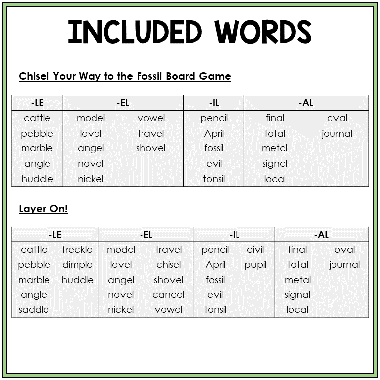Word list for -LE, -EL, -IL, and -AL endings, Sort 32