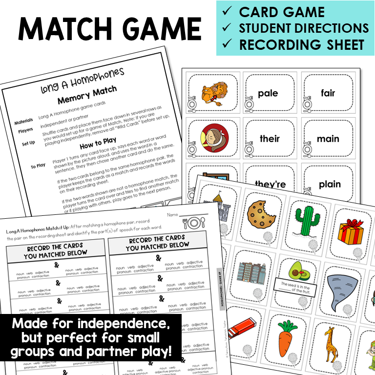 Memory Match card game for Long A homophones with picture cards and recording sheet