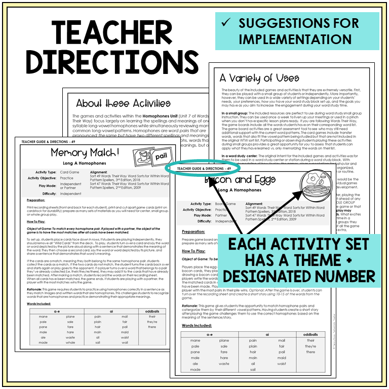 Teacher directions and suggestions for implementation, homophones