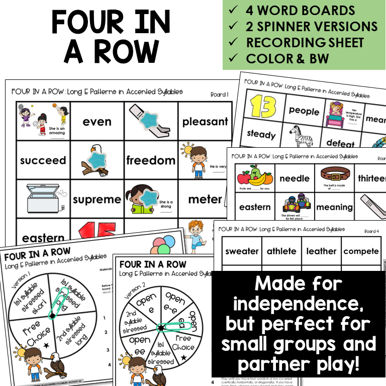 Four In A Row for Long E patterns in accented syllables, with spinners and recording sheet