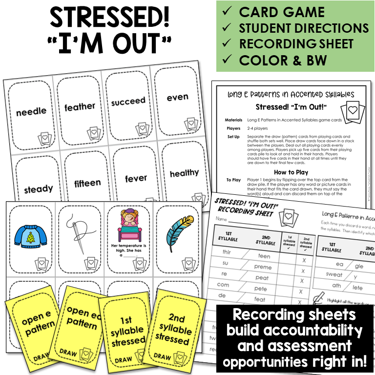 Stressed! "I'm Out" Card Game for Long E patterns in accented syllables, with recording sheet