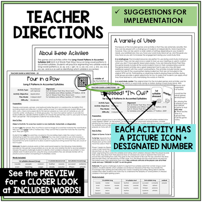 Teacher directions for Long E patterns in accented syllables games
