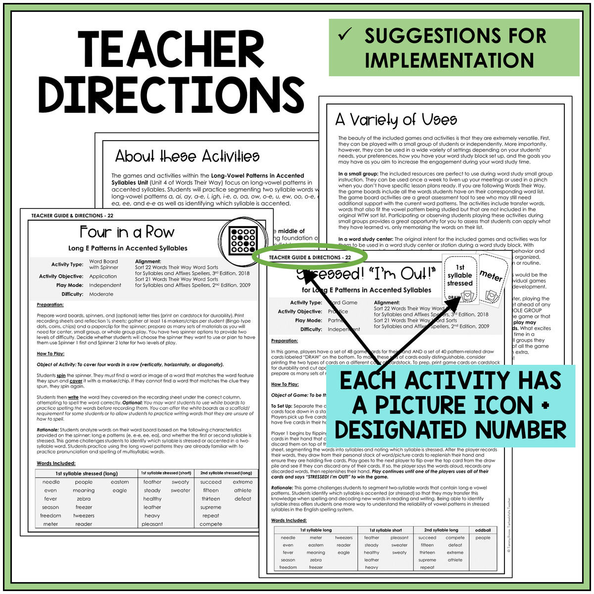 Teacher directions and suggestions for implementation, Long E patterns in accented syllables