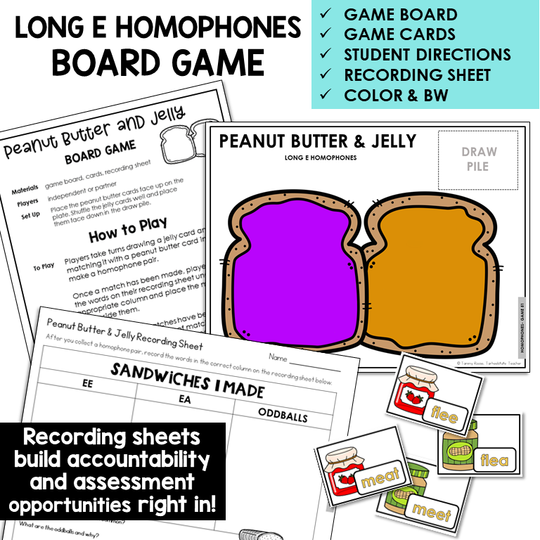 Peanut Butter and Jelly homophone board game with word cards and recording sheet