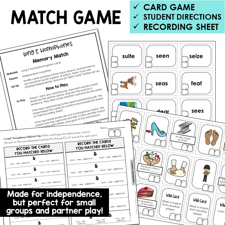 Memory Match card game for Long E homophones with picture cards and recording sheet