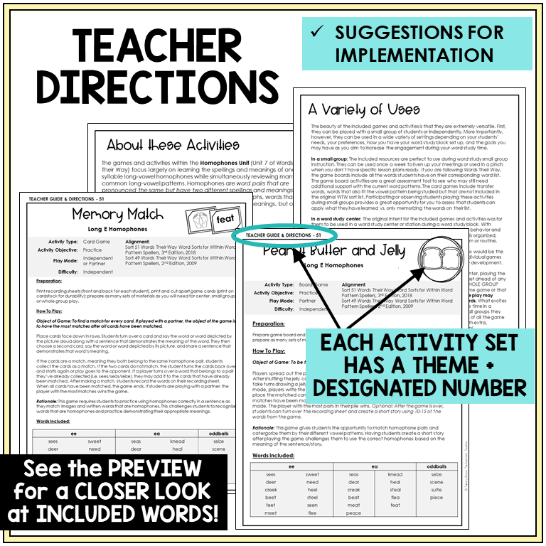 Teacher directions for Long E homophone games