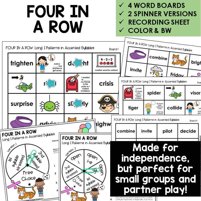 Four In A Row for Long I patterns in accented syllables, with spinners and recording sheet