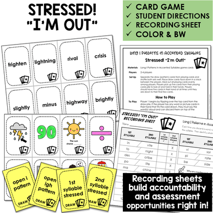 Stressed! "I'm Out" Card Game for Long I patterns in accented syllables, with recording sheet