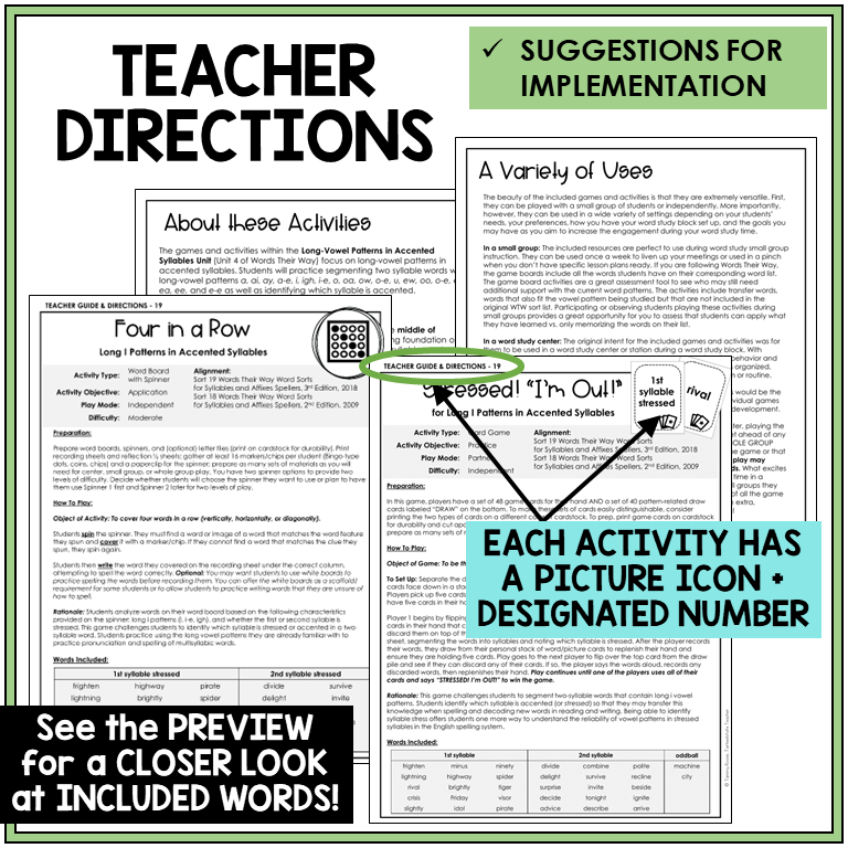 Teacher directions for Long I patterns in accented syllables games