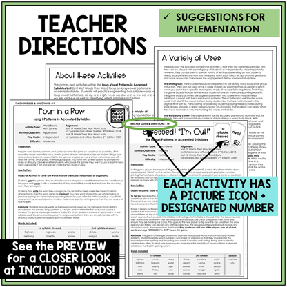 Teacher directions for Long I patterns in accented syllables games