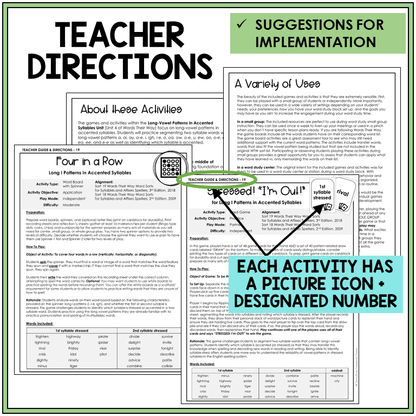 Teacher directions and suggestions for implementation, Long I patterns in accented syllables