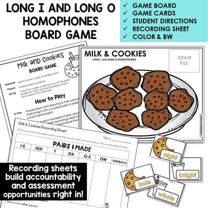 Milk and Cookies homophone board game with word cards and recording sheet