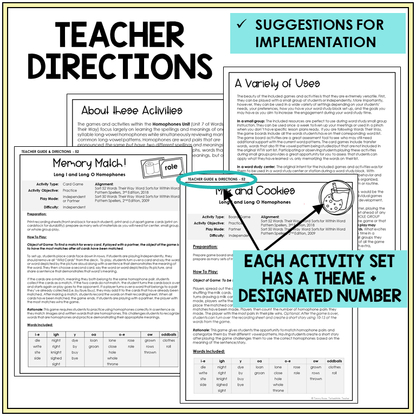 Teacher directions and suggestions for implementation, homophones