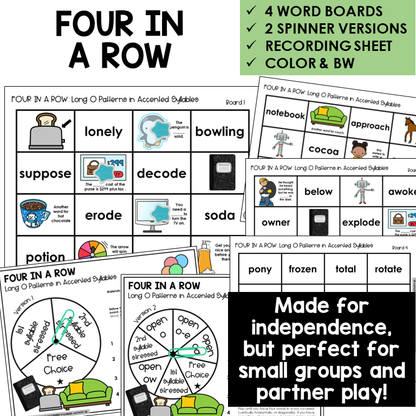 Four In A Row for Long O patterns in accented syllables, with spinners and recording sheet