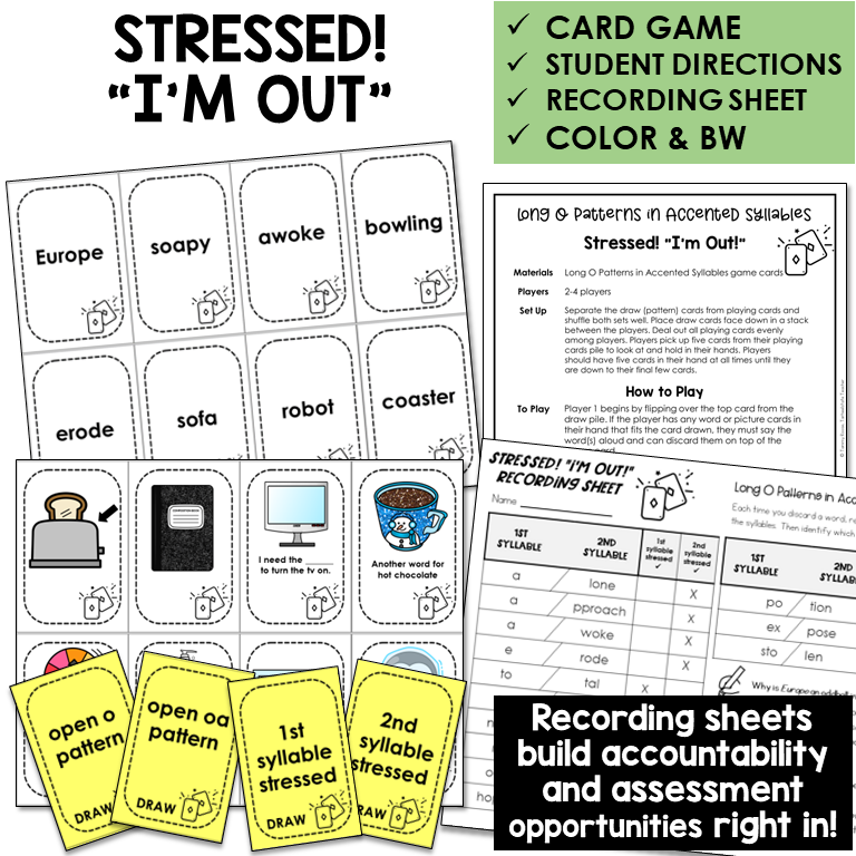 Stressed! "I'm Out" Card Game for Long O patterns in accented syllables, with recording sheet