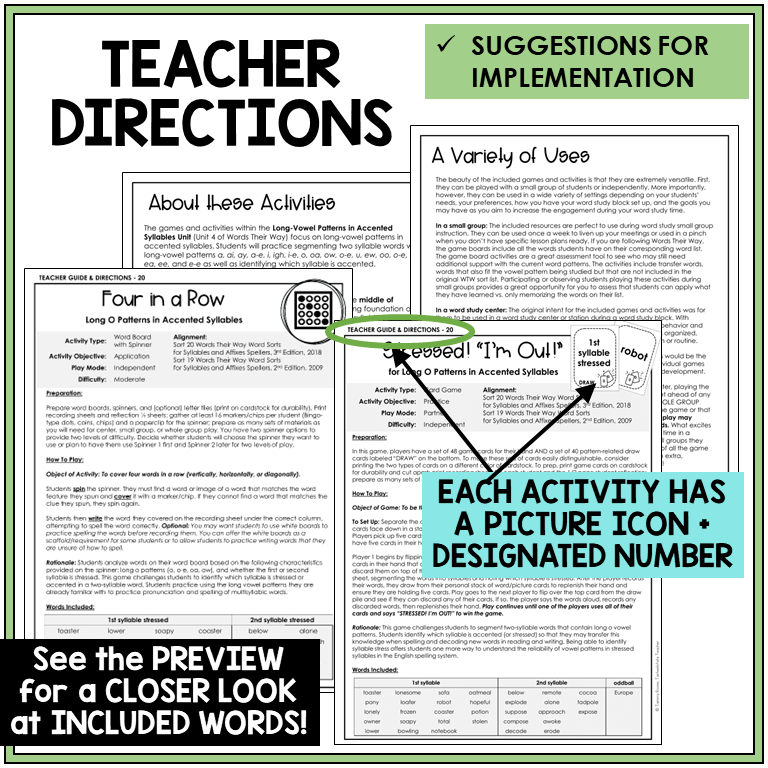 Teacher directions for Long O patterns in accented syllables games
