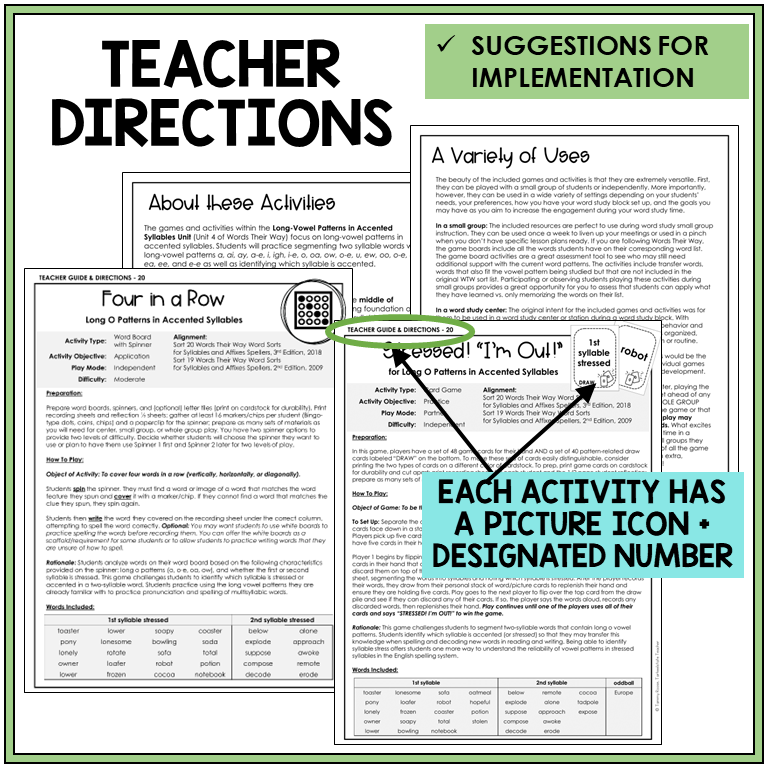 Teacher directions and suggestions for implementation, Long O patterns in accented syllables