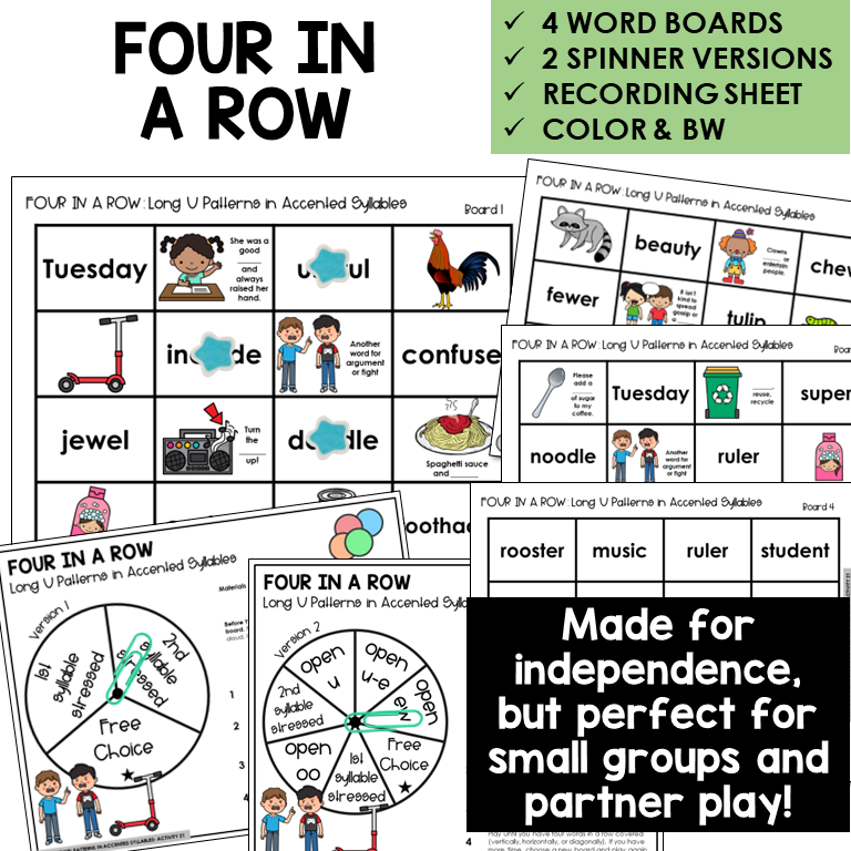 Four In A Row for Long U patterns in accented syllables, with spinners and recording sheet