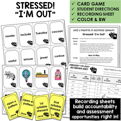 Stressed! "I'm Out" Card Game for Long U patterns in accented syllables, with recording sheet